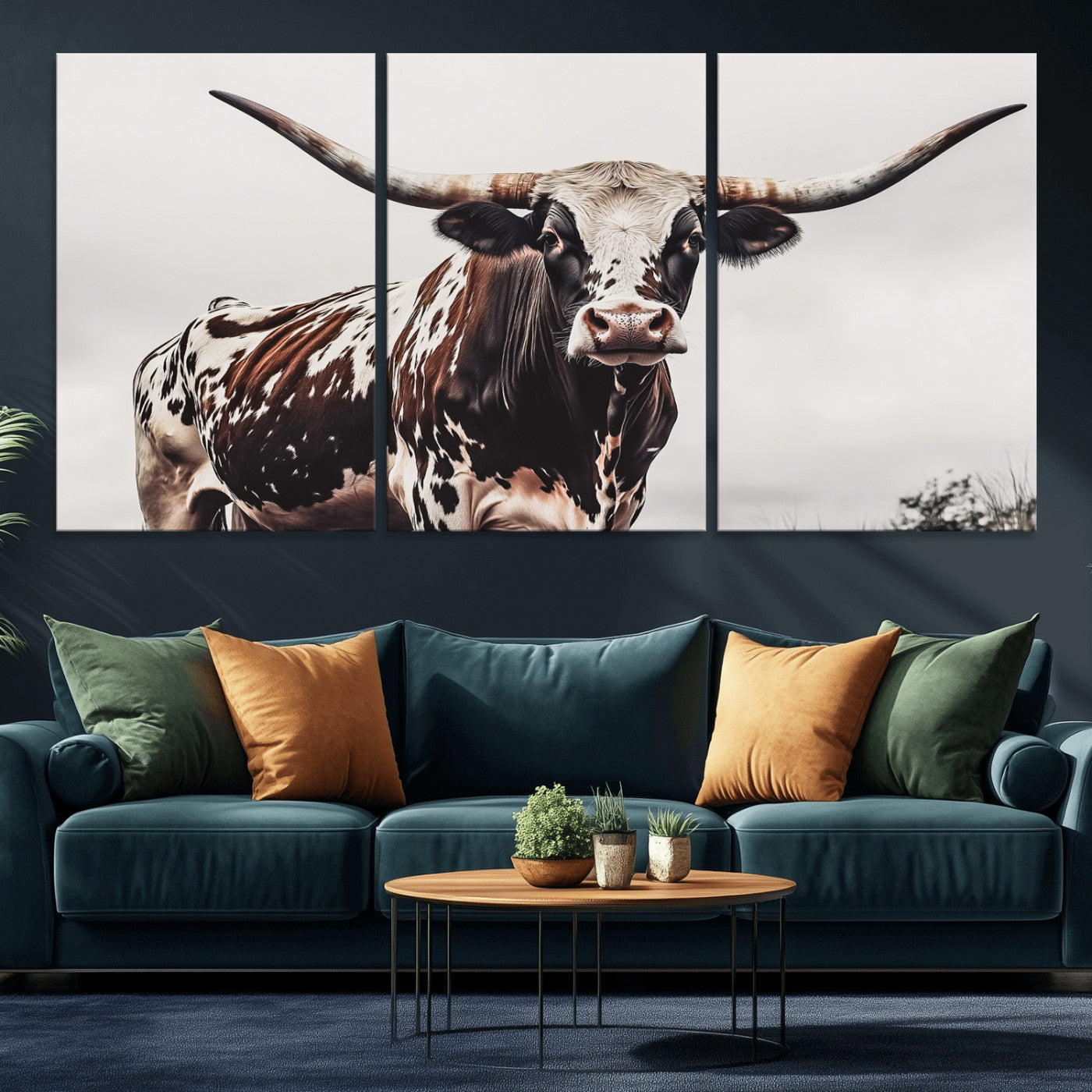 Close-up of a Texas Longhorn bull with powerful horns, perfect for rustic farmhouse or country-themed home decor. Ideal for animal lovers.