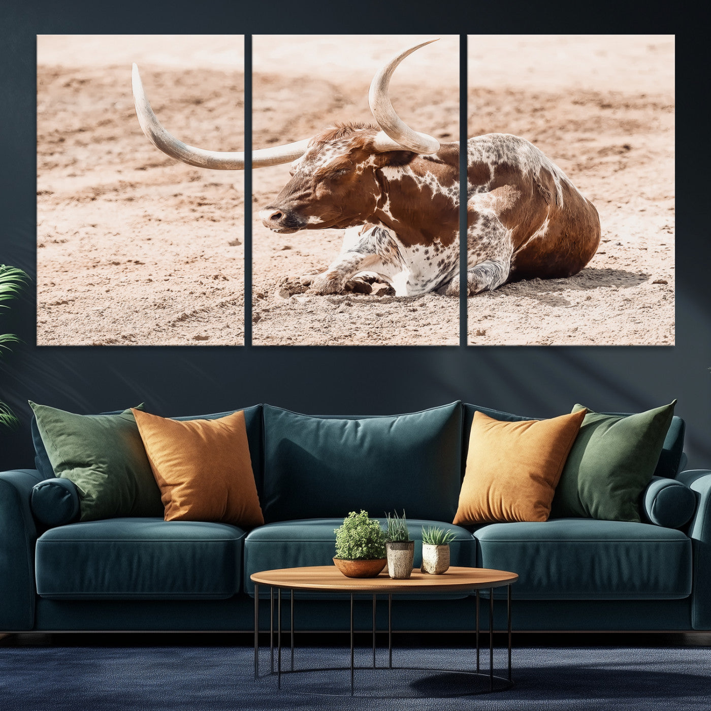 91248682-MGV-CV-36X24-Texas Longhorn Wall Art Canvas Print, Framed Resting Bull Art Picture Print, Spotted Cattle Perfect Rustic Western Decor, Spotted Cattle