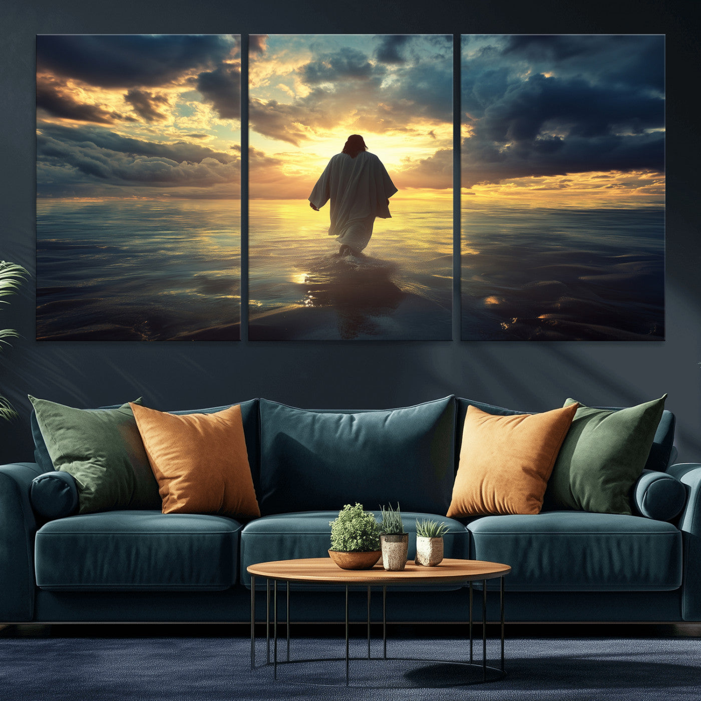 MGV-CV-60X30-3P - Jesus Walks Wall Art Canvas Print, Framed Divine Sunset Art Picture Print, Spiritual Light Perfect Spiritual Tranquil Decor Artwork
