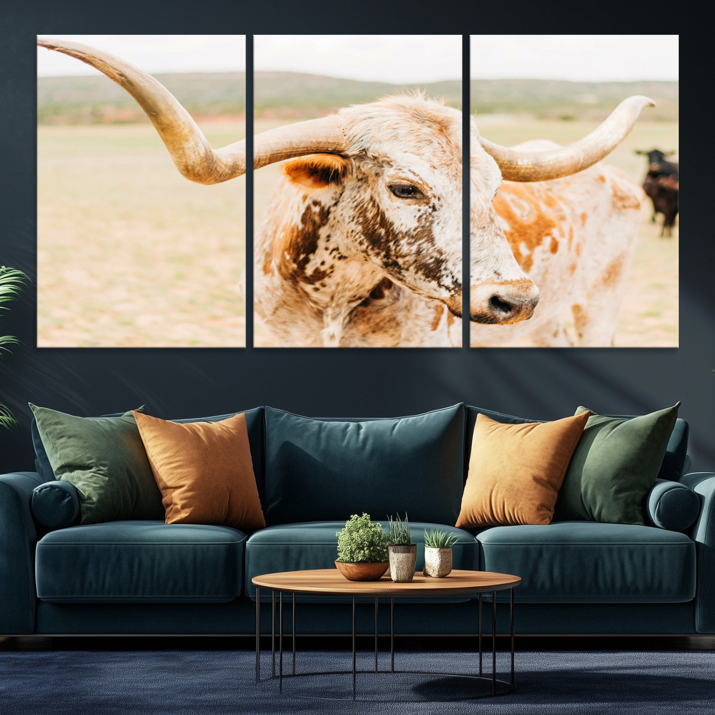 21060648-MGV-CV-36X24-Texas Longhorn Wall Art Canvas Print, Framed Speckled Cow Art Picture Print, Rustic Bull Perfect Rustic Western Decor, Framed Speckled Cow