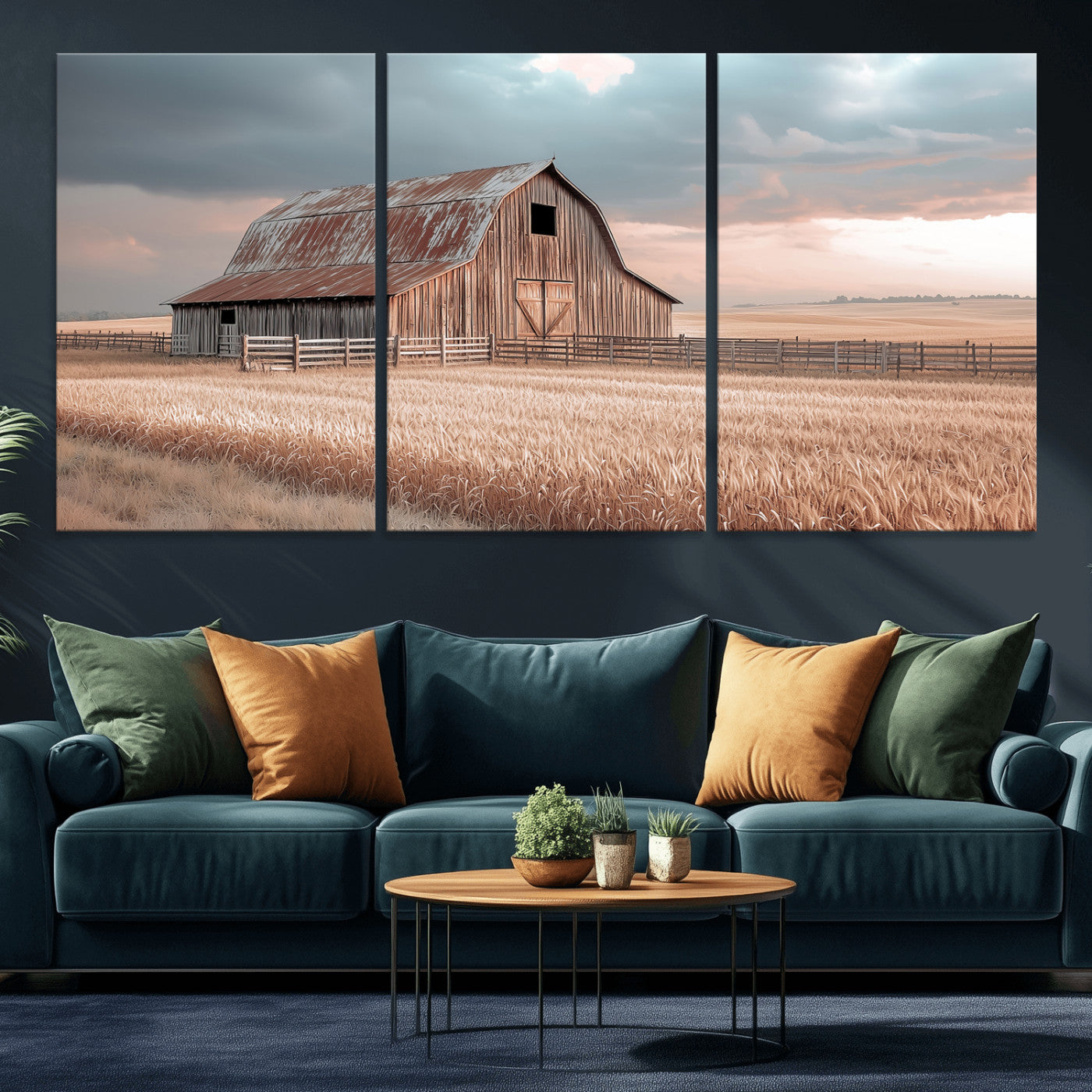 MGV-CV-60X30-3P - Rustic Barn Wall Art Canvas Print, Framed Wheat Field Art Picture Print, Sunset Barn Perfect Vintage Farmhouse Decor Artwork