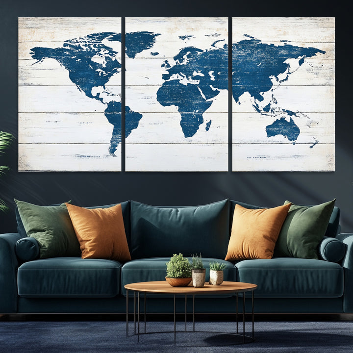 Rustic world map with blue continents on distressed wooden planks, perfect for coastal, explorer, or vintage-style wall decor.