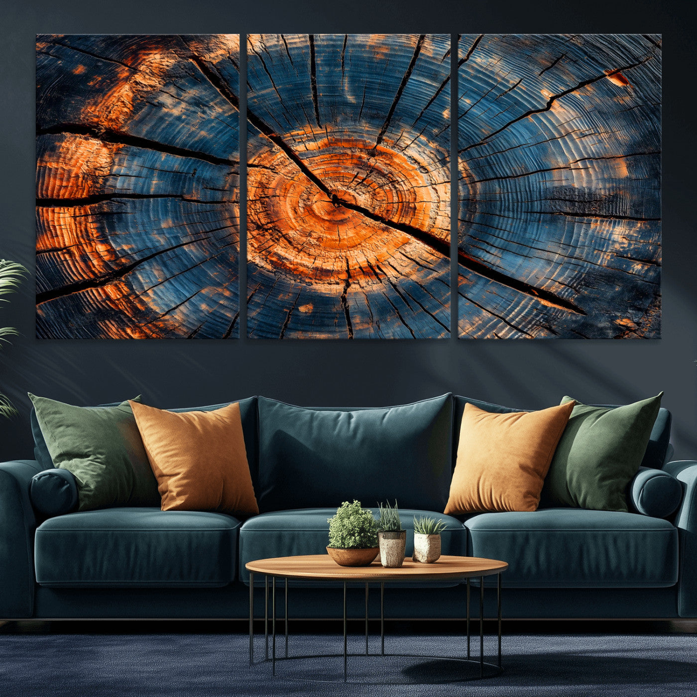 MGV-CV-60X30-3P - Burnt Wood Wall Art Canvas Print, Framed Aged Timber Art Picture Print, Rustic Tree Slice Perfect Rustic Decor Artwork