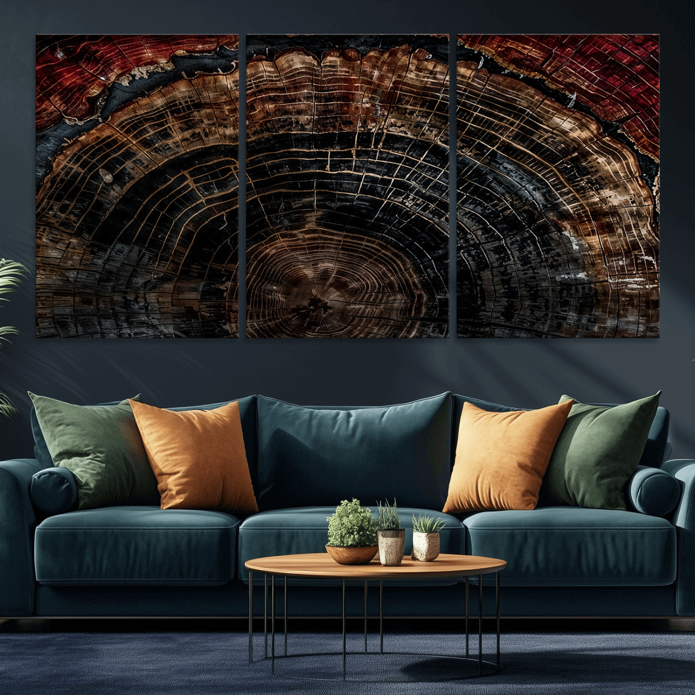 MGV-CV-60X30-3P - Dark Wood Ring Wall Art Canvas Print, Framed Abstract Wood Tree Art Picture Print, Rustic Tree Slice Perfect Rustic Decor Artwork