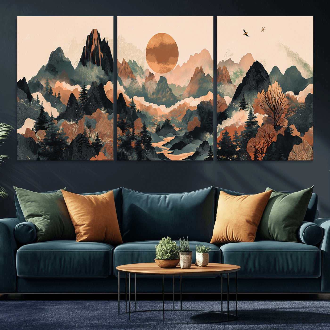 MGV-CV-60X30-3P - Wood Mountain Landscape Wall Art Canvas Print, Framed Sunset Hills Art Picture Print, Abstract Nature Perfect Boho Decor Artwork