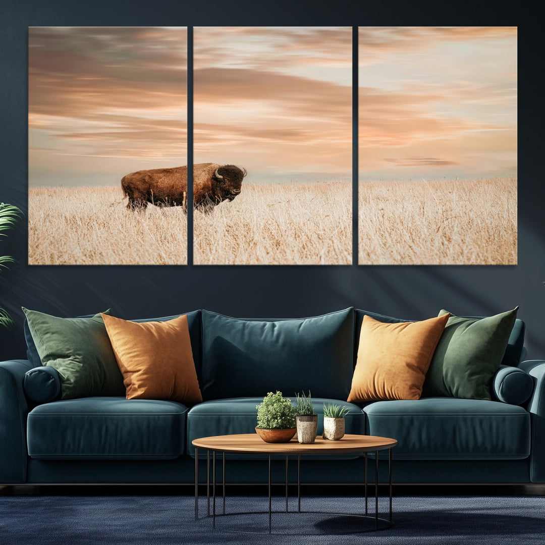 Bison Wall Art Canvas Print, Buffalo Print, Framed Western Prairie Art Print, Large Rustic Wildlife Printing Perfect for Rustic Decor