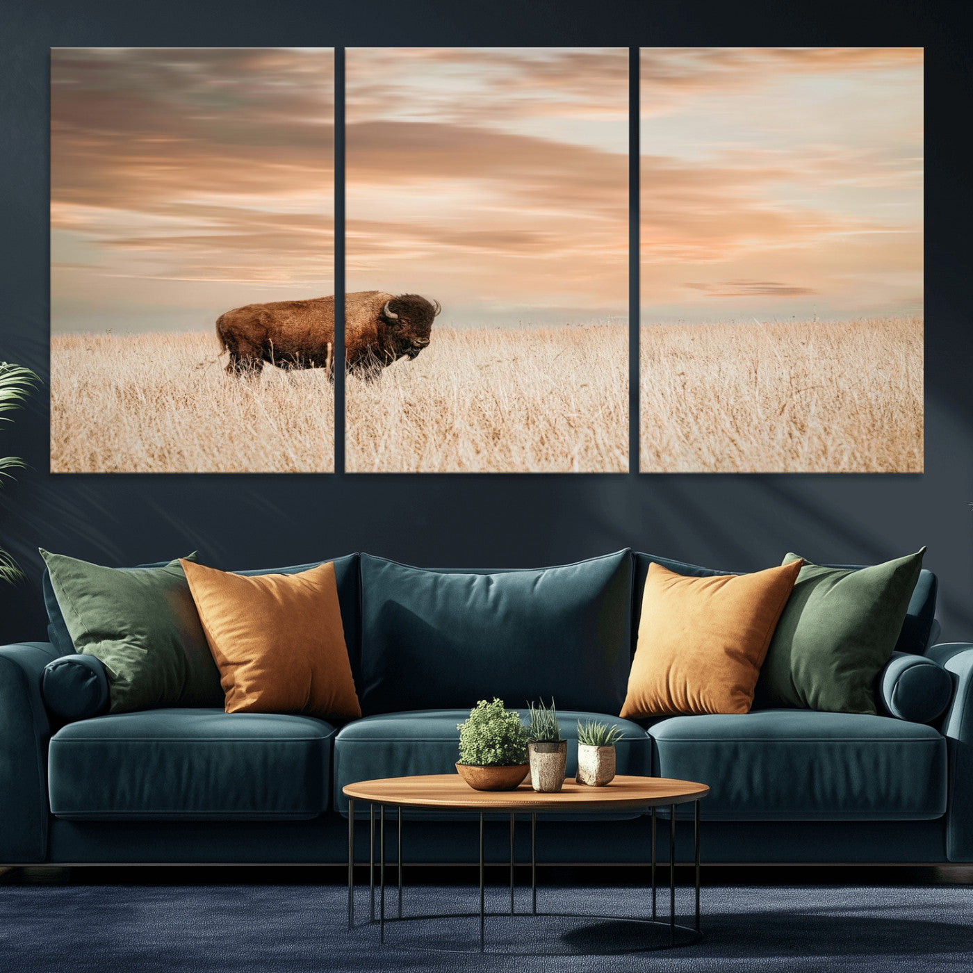 MGV-CV-60X30-3P - Bison Wall Art Canvas Print, Framed Buffalo Art Picture Print, Western Prairie Perfect Rustic Decor Artwork
