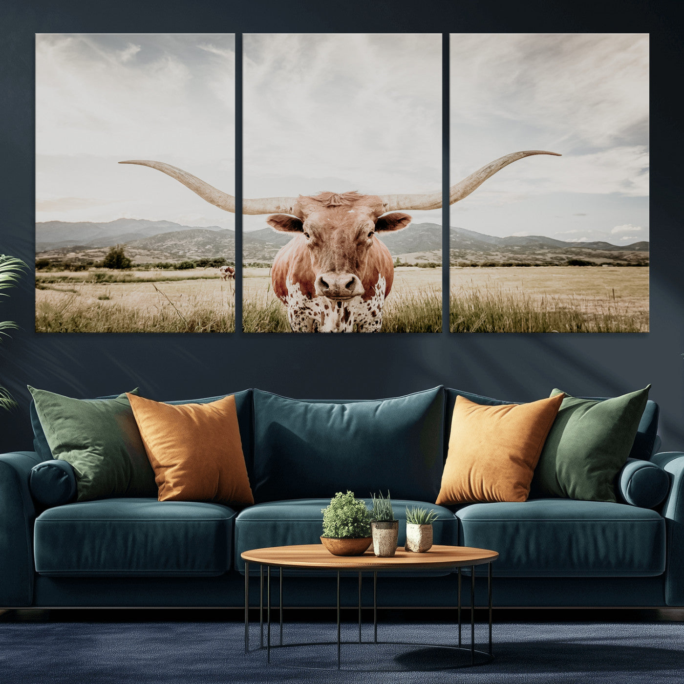 MGV-CV-60X30-3P - Texas Longhorn Wall Art Canvas Print, Framed Western Cow Art Picture Print, Rustic Farmhouse Perfect Farmhouse Decor Artwork