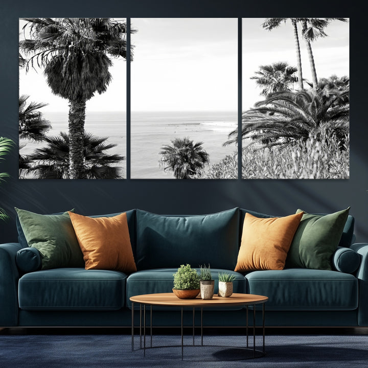 Palm Trees Wall Art Canvas Print, Framed Coastal Art Picture Print, Ocean Horizon Perfect Monochrome Coast Decor