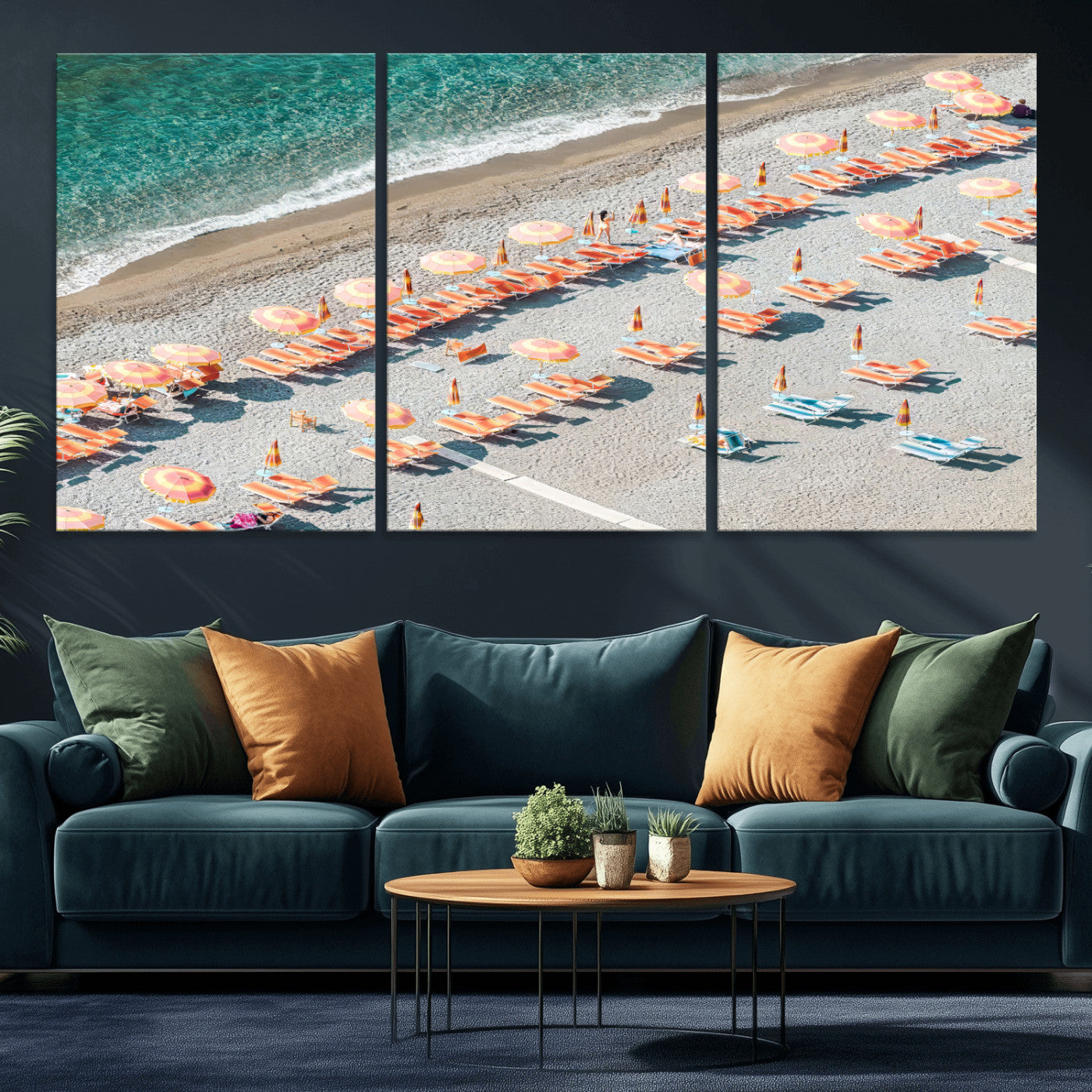 27805351-MGV-CV-36X24 - Beach Umbrellas Wall Art – Orange Loungers & Turquoise Water Canvas Print, Sandy Shore and Summer Vibes