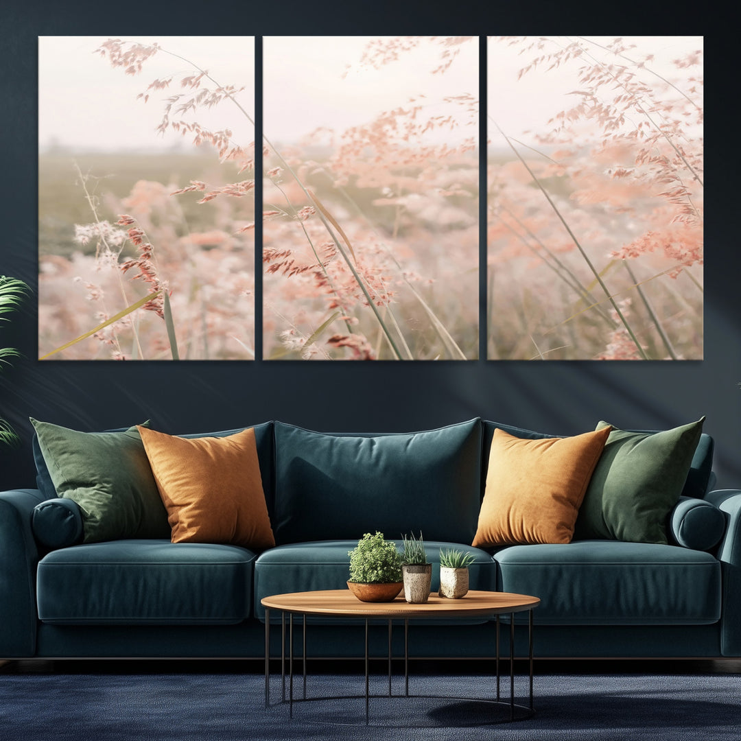 Pastel Grasses Wall Art Canvas Print, Soft Meadow Print, Framed Field in Breeze Art Print, Large Pink Meadow Printing Soft Pastel
