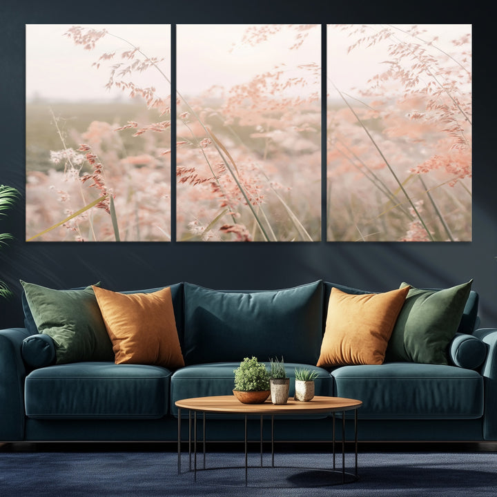 Pastel Grasses Wall Art Canvas Print, Soft Meadow Print, Framed Field in Breeze Art Print, Large Pink Meadow Printing Soft Pastel