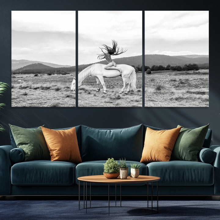 White Horse Wall Art Canvas Print, Woman Rider Print, Framed Equestrian Pose Art Print, Large Grazing Horse Printing Western Boho