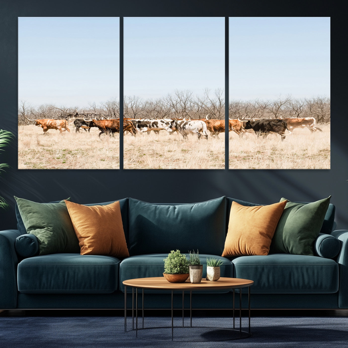 16563092-MGV-CV-36X24-Texas Longhorns Wall Art Canvas Print, Western Cattles Print Wall Art, Framed Rustic Herd Art Print, Large Country Cows Printing Rustic