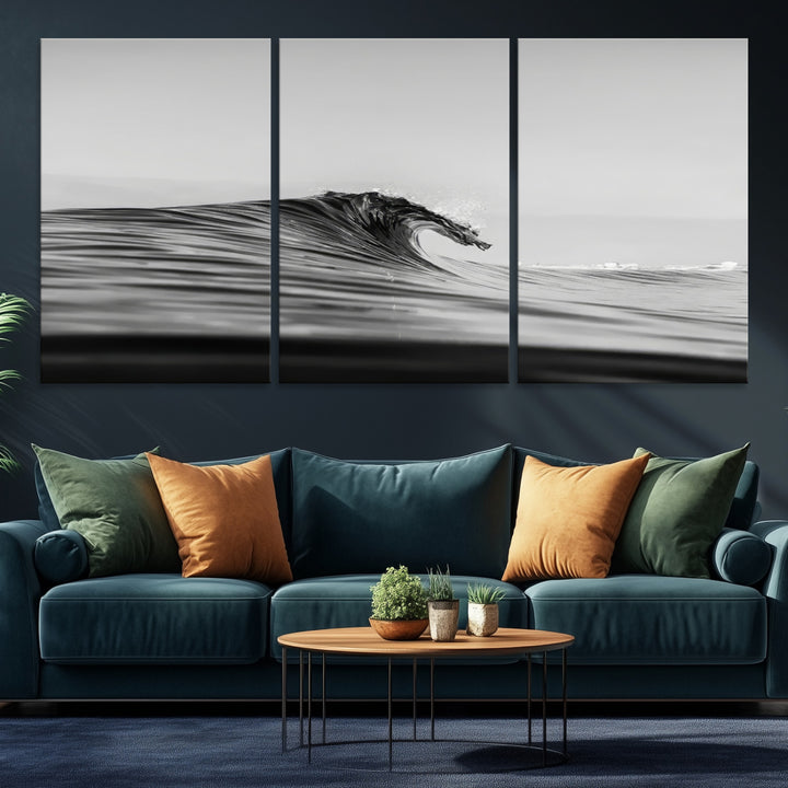 Black Wave Wall Art Canvas Print, Abstract Surf Print, Framed Minimalist Ocean Art Print, Large Black Water Printing Minimalist