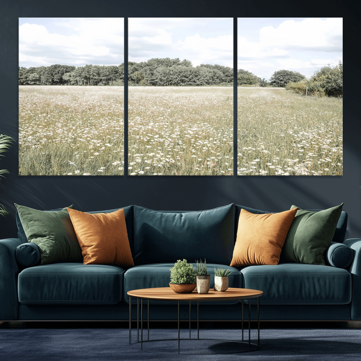 MGV-CV-60X30-3P - Charming Daisy Field Wall Art Canvas Print, Framed Pastel Flower Art Picture Print, Meadow Bloom Perfect Scandinavian Minimalist Decor Artwork