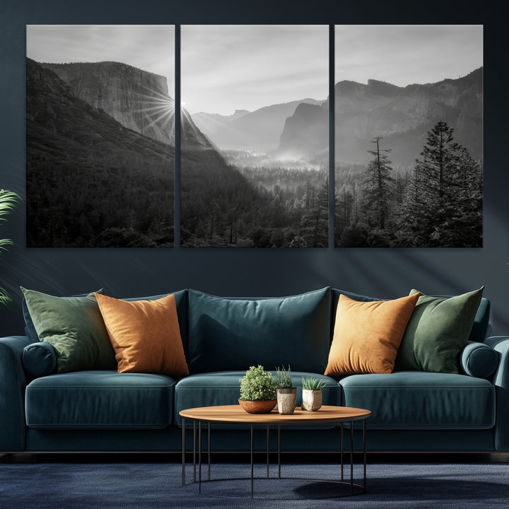 Yosemite Valley Wall Art Canvas Print, El Capitan Sunrise Print, Framed Misty Mountain Art Print, Large Monochrome Valley Printing