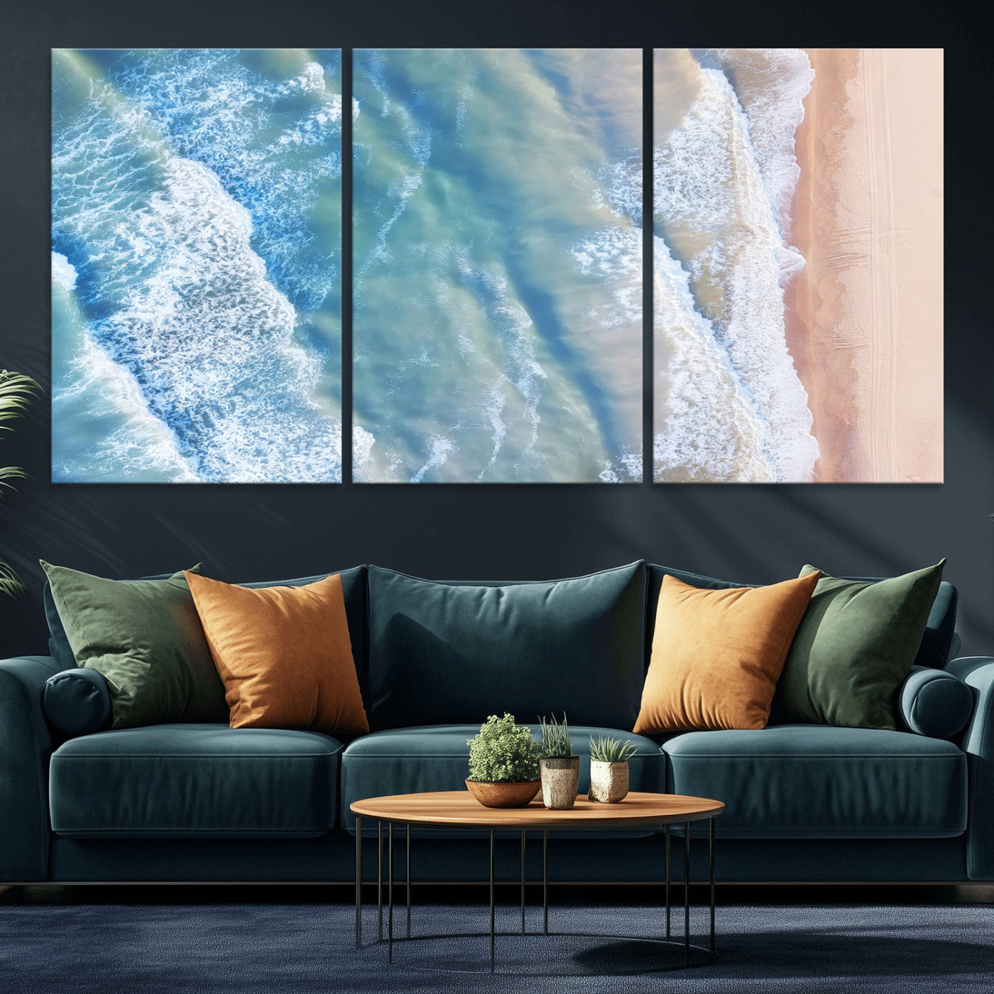 MGV-CV-60X30-3P - Aerial Ocean View Wall Art Canvas Print, Framed Soft Blue Waves Art Picture Print, Sandy Shoreline Perfect Modern Coastal Decor Artwork