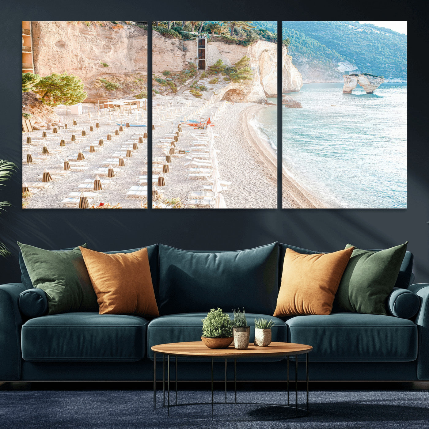 84816639-MGV-CV-36X24 - Sunny Beach Wall Art – Chairs & Umbrellas Canvas Print, Clear Water, Rocky Cliffs, Coastal Calm for Living Room or Vacation Home Decor