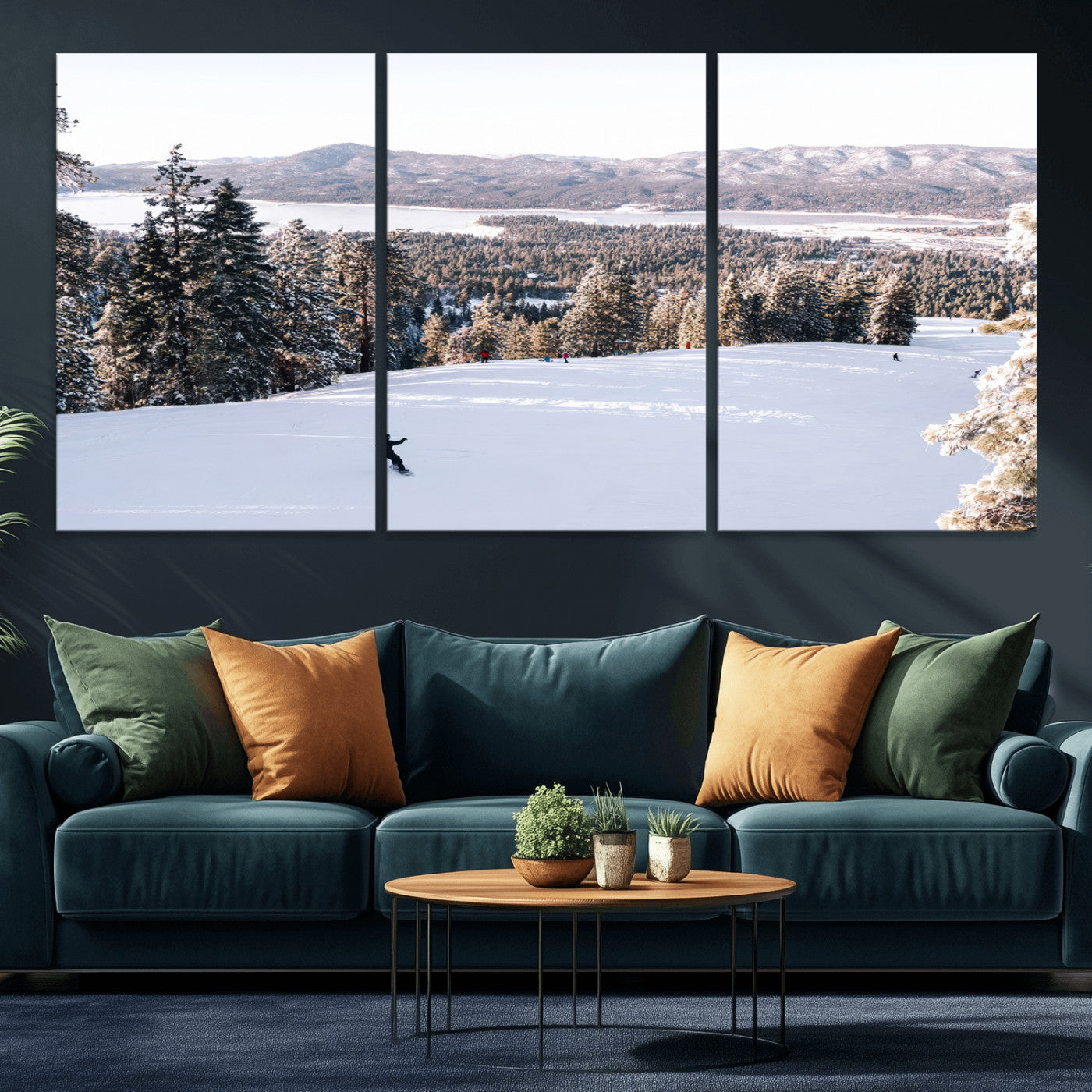 79857868-MGV-CV-36X24 - Snowboarder Wall Art – Winter Slope Canvas Print, Pine Forest, Snow-Covered Mountains, Outdoor Adventure for Living Room or Cabin Decor