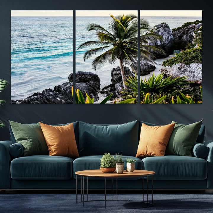 Framed canvas of a vibrant tropical coastline with palm trees, rocky cliffs, and turquoise waters, ideal for tropical coastal home decor.