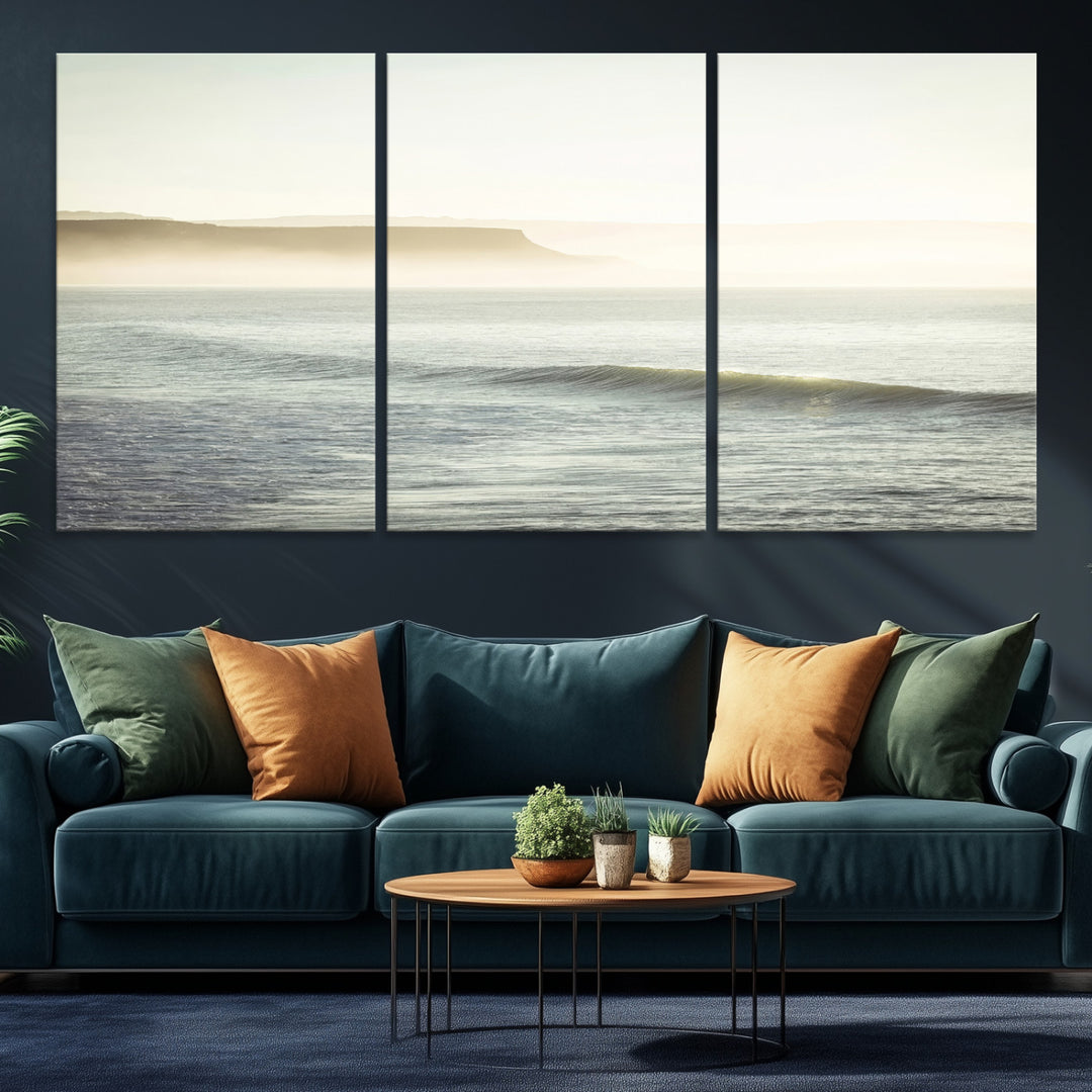 Canvas of a misty ocean scene with coastal cliffs and soft neutral tones, ideal for Scandinavian coastal or minimalist nature-inspired home decor.