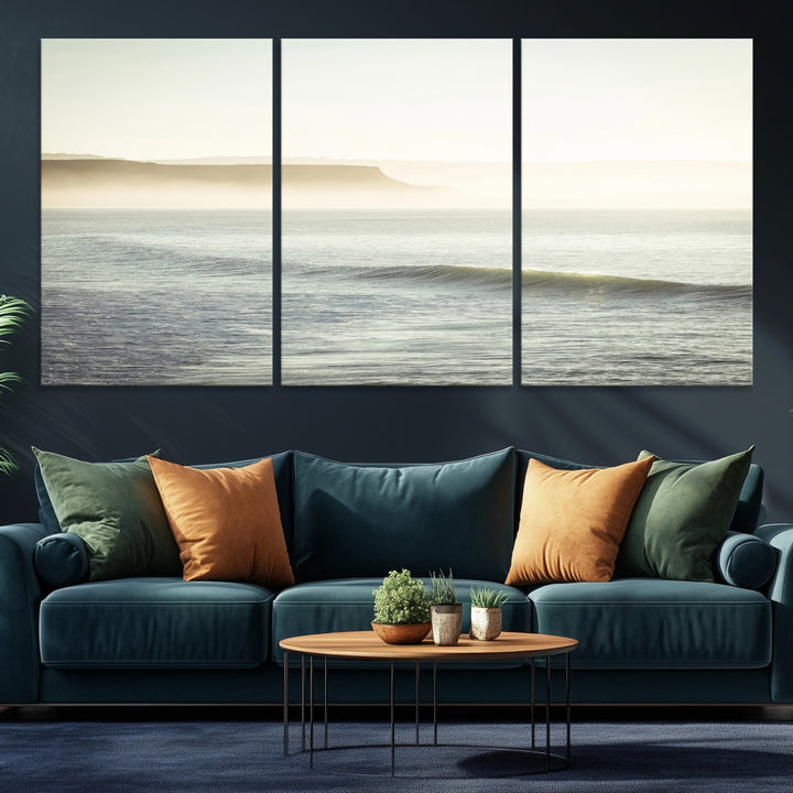 Canvas of a misty ocean scene with coastal cliffs and soft neutral tones, ideal for Scandinavian coastal or minimalist nature-inspired home decor.