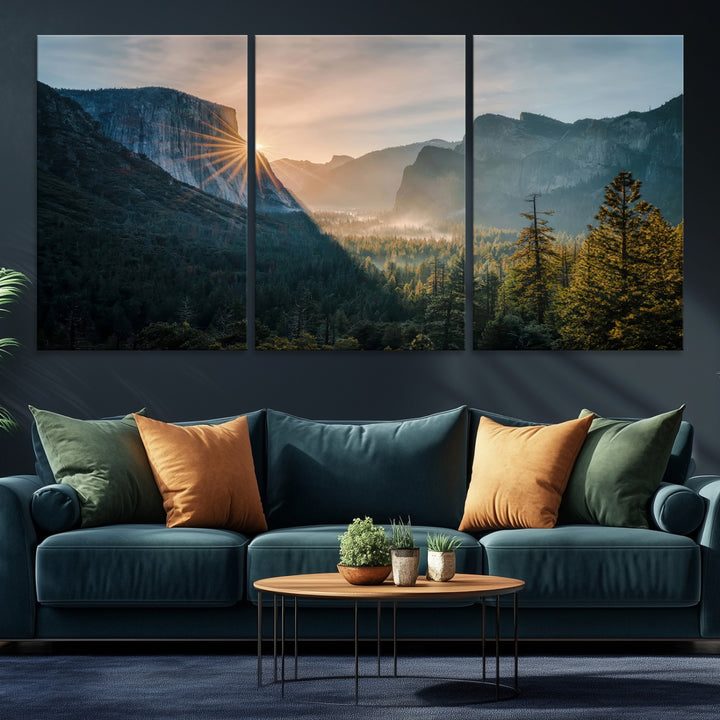 Canvas of Yosemite Valley at sunrise with dramatic rays and earthy tones, perfect for vintage explorer or wilderness-themed home decor.