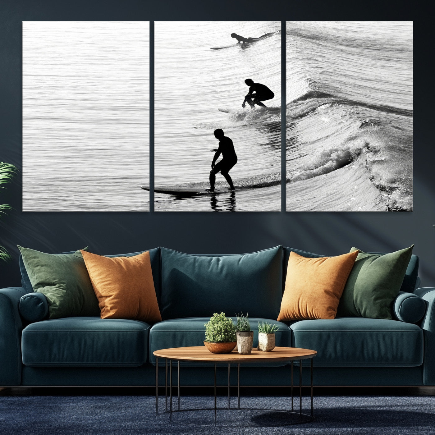 19875284-MGV-CV-36X24-Surfers on Waves Wall Art Canvas Print, Framed Black White Surf Art Picture Print, Monochrome Ocean Perfect Modern Coastal Decor, Surfers on
