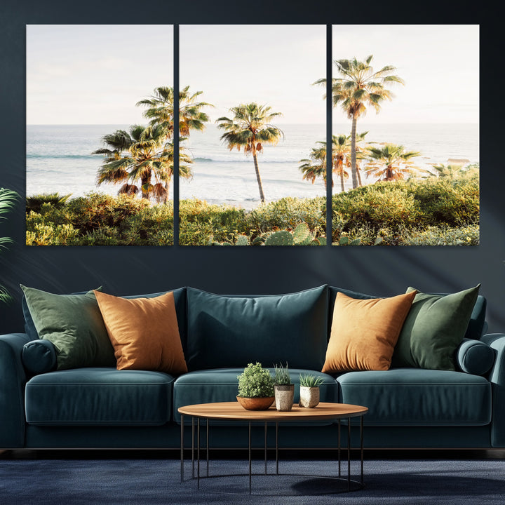 Framed print of sunlit palm trees on the California coast with warm tones, perfect for coastal minimalist or beach-style home decor.