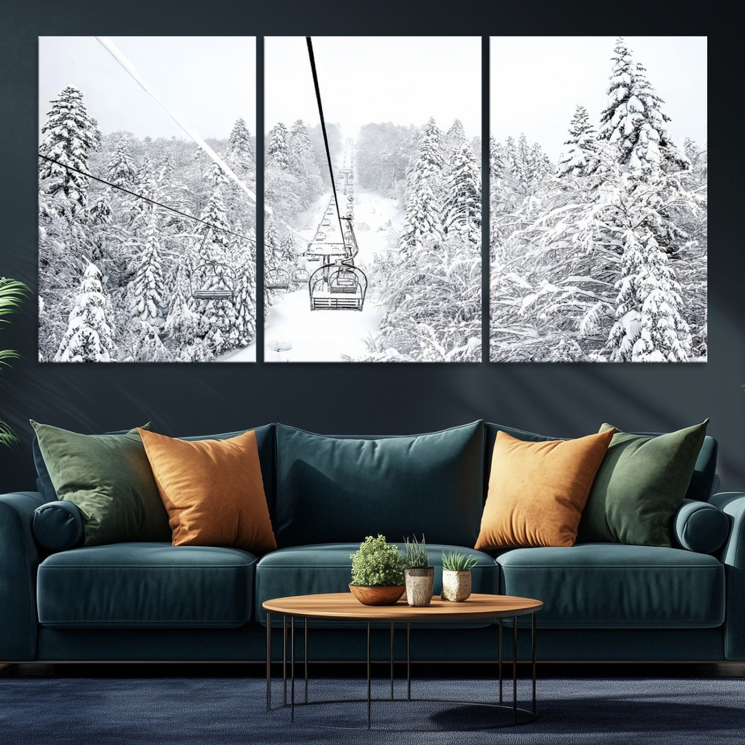 Winter Forest Wall Art Canvas Print, Framed Snowy Forest Art Picture Print, Winter Ski Lift Perfect Scandinavian Minimalist 3/3 Decor