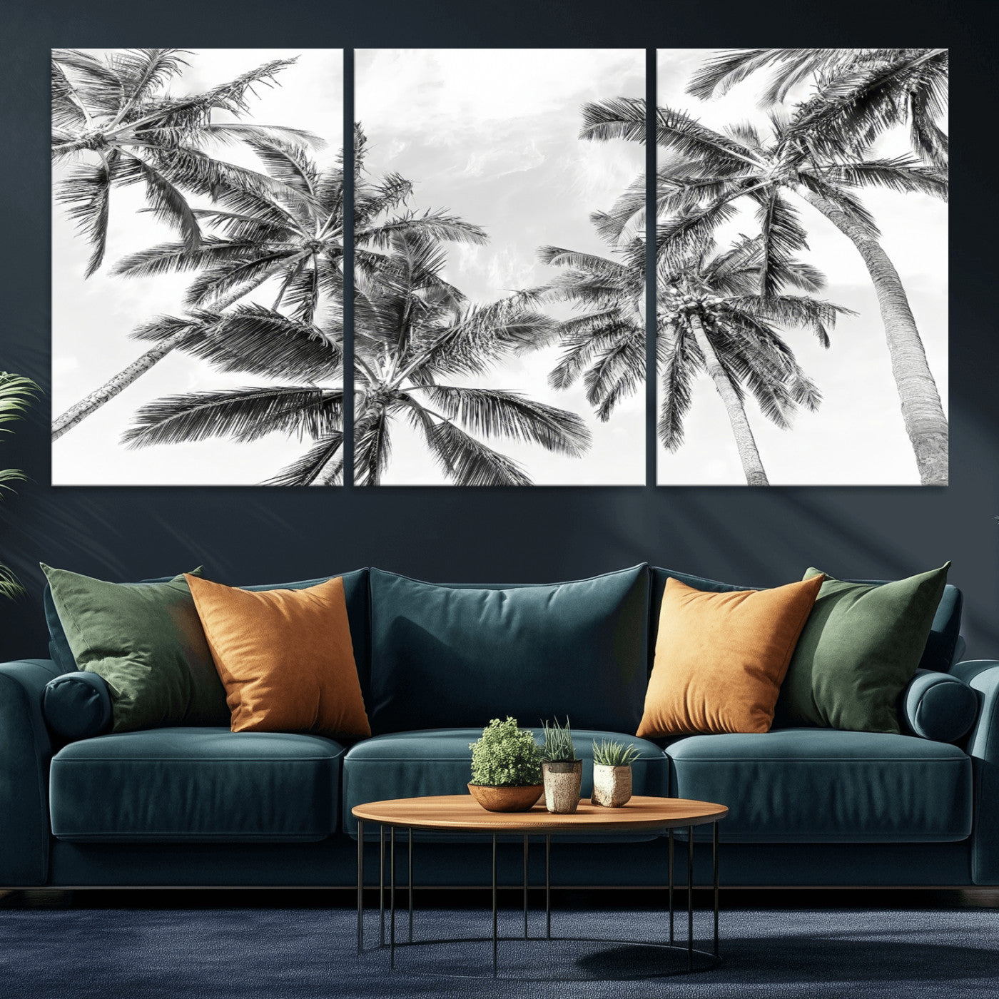 MGV-CV-60X30-3P - Black White Palm Wall Art Canvas Print, Framed Monochrome Tropics Art Picture Print, Minimalist Beach Perfect Coastal Minimalist Decor Artwork