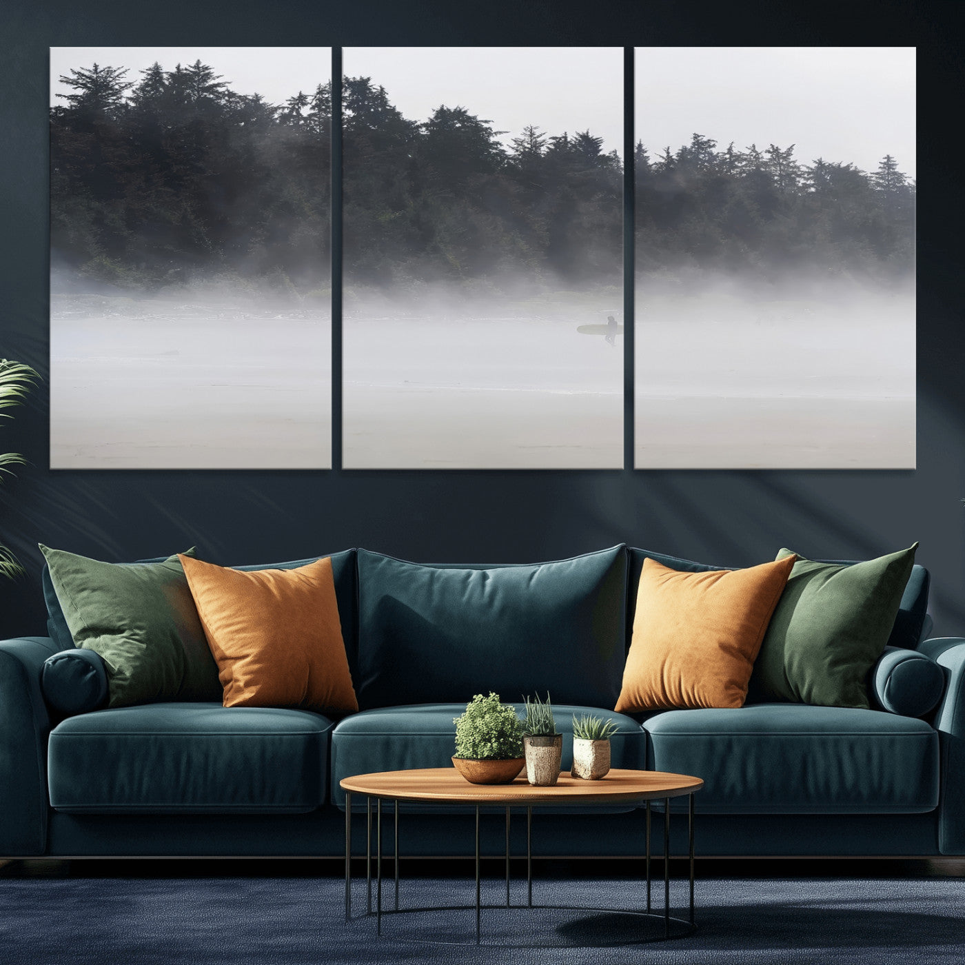 59703275-MGV-CV-36X24-Surfer Fog Wall Art Canvas Print – Framed Foggy Beach Scene with Coastal Surf Artwork for Home, Office, Living Room