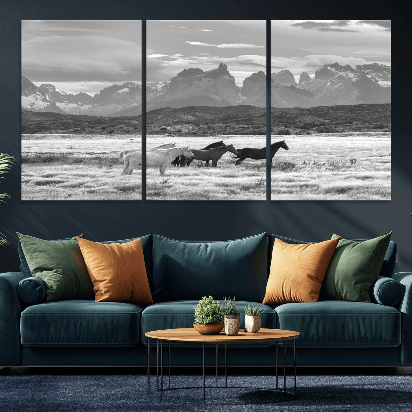 MGV-CV-60X30-3P - Wild Horses Wall Art Canvas Print, Framed Black White Mountains Art Picture Print, Rustic Countryside Perfect Rustic Western Decor Artwork