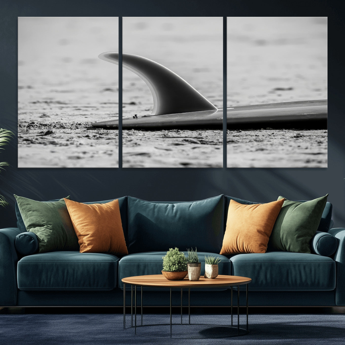 MGV-CV-60X30-3P - Black White Surfboard Wall Art Canvas Print, Framed Minimalist Beach Art Picture Print, Surf Fin Perfect Minimalist Coastal Decor Artwork