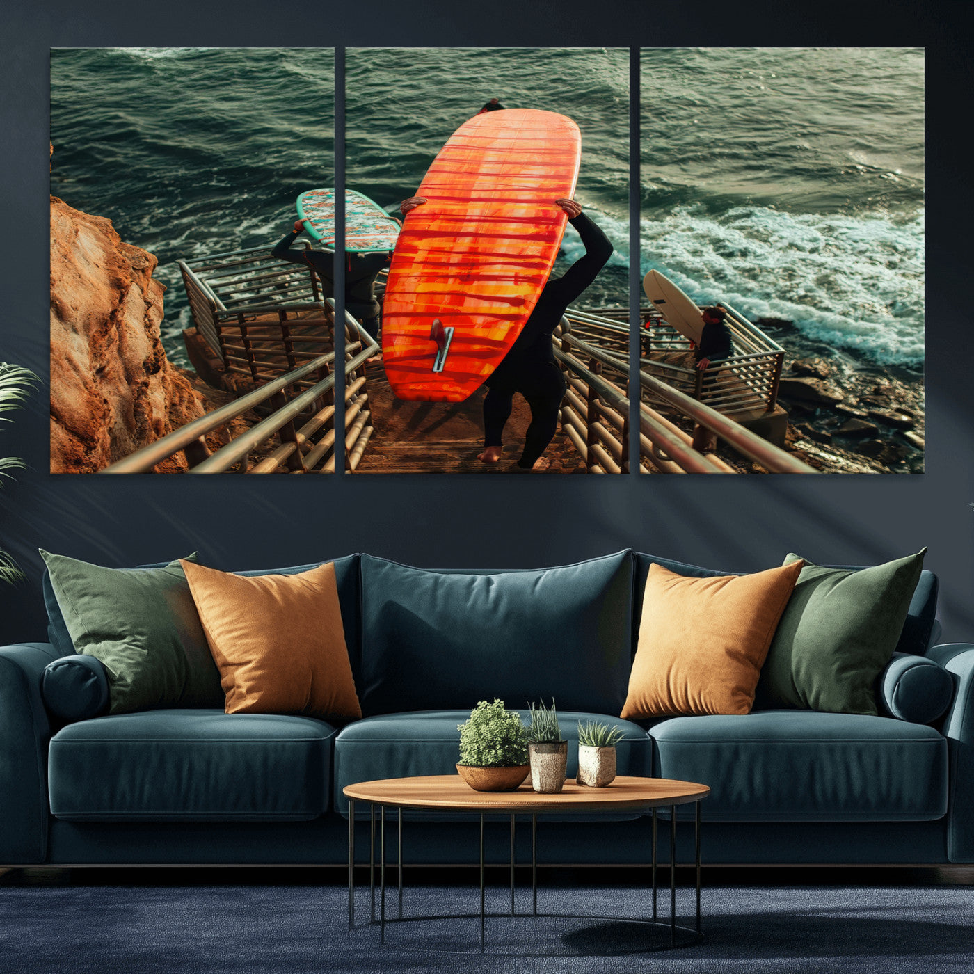 MGV-CV-60X30-3P - Surfer Stairway Wall Art Canvas Print, Framed Ocean Surf Art Picture Print, Sunset Coastal Perfect Coastal Adventure Decor Artwork