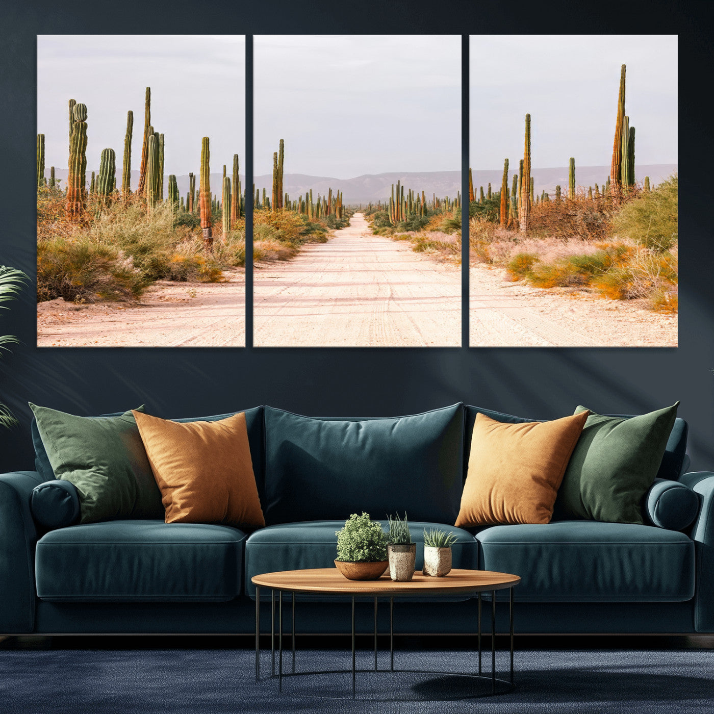 MGV-CV-60X30-3P - Desert Cactus Lined Road Wall Art Canvas Print, Framed Southwestern Landscape Art Picture Print, Bohemian Western Aesthetic Perfect Southwestern Boho Decor Artwork