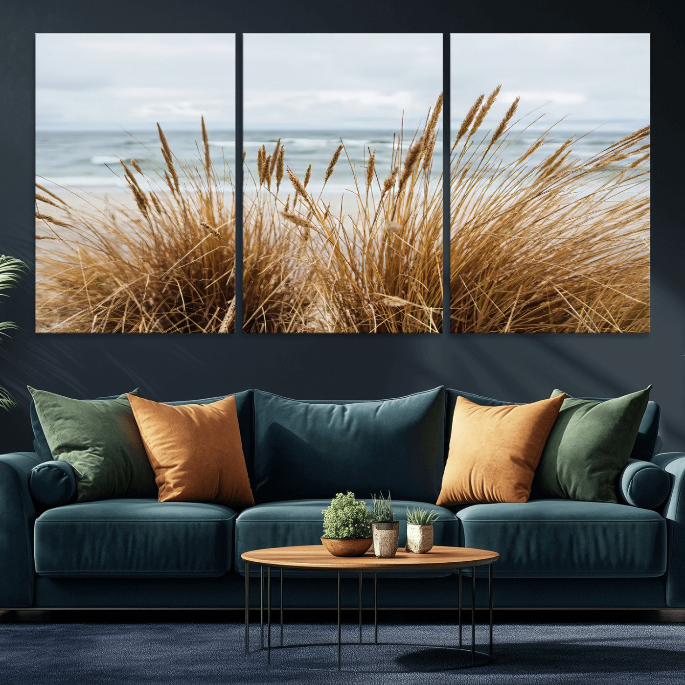 MGV-CV-60X30-3P - Beach Grass Wall Art Canvas Print, Framed Coastal Dunes Art Picture Print, Dune Grass Perfect Coastal Minimalist Decor Artwork