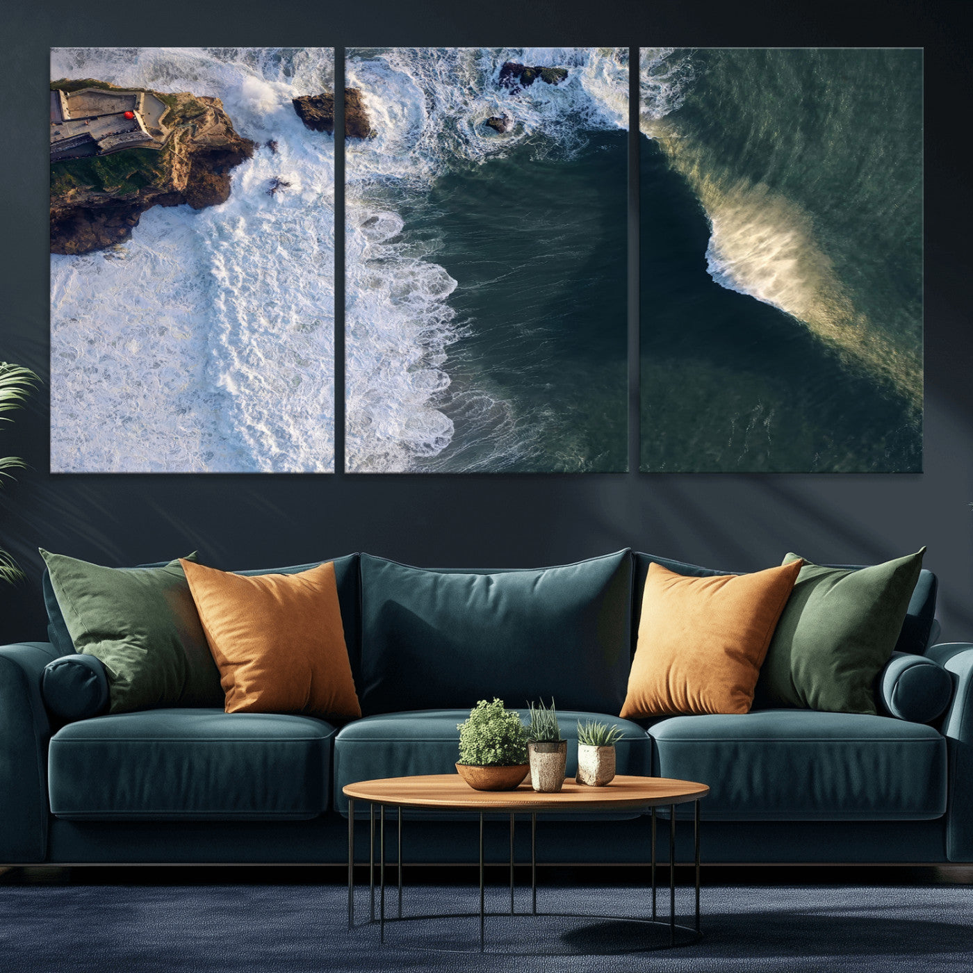 MGV-CV-60X30-3P - Nazaré Coast Wall Art Canvas Print, Framed Aerial Ocean Art Picture Print, Coastal Fortress Perfect Dramatic Coastal Decor Artwork