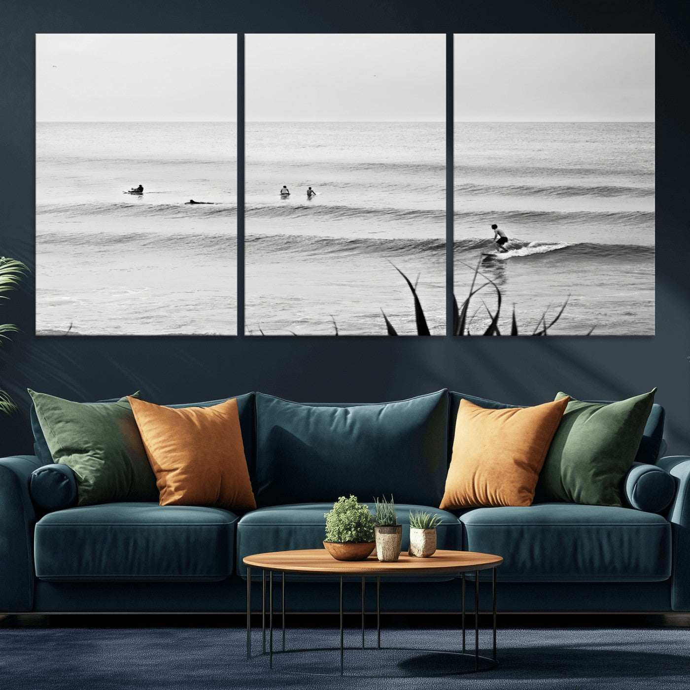 MGV-CV-60X30-3P - Surfer Silhouette Wall Art Canvas Print, Framed Calm Ocean Art Picture Print, Monochrome Surf Perfect Minimalist Coastal Decor Artwork