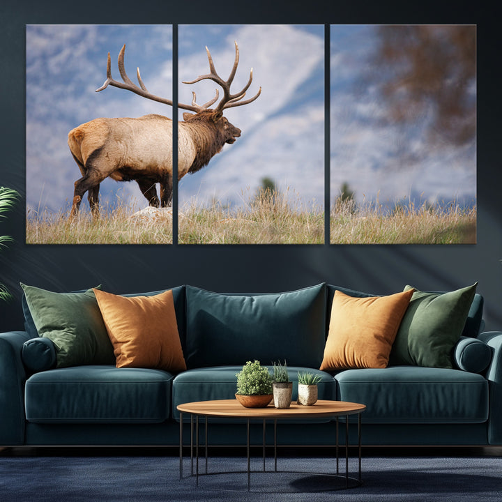 Rustic Elk Wall Art Canvas Print, Wildlife Antler Print, Framed Western Hunting Lodge Art Print