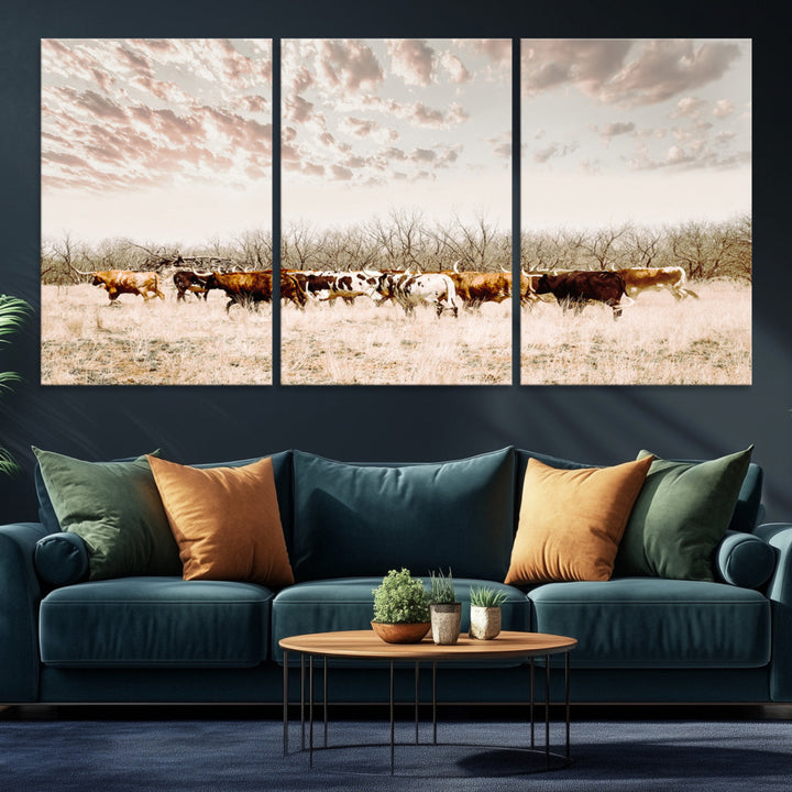 Longhorn Cattle Wall Art Canvas Print, Texas Ranch Print, Framed Western Cow Art Print, Large Prairie Landscape Printing Perfect for Western Decor