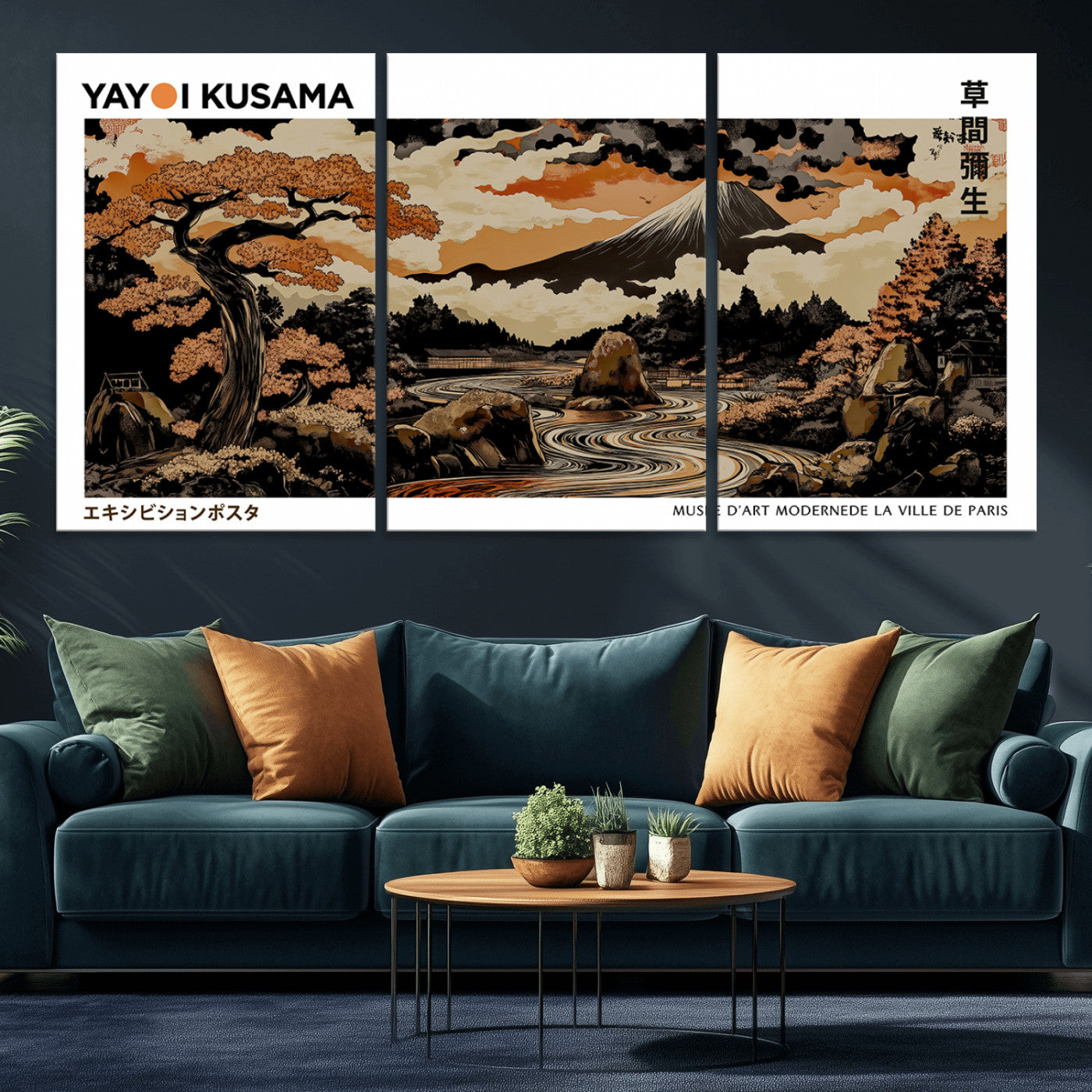 MGV-CV-60X30-3P - Modern Japanese Wall Art Print Yayoi Kusama Canvas Wall Art Abstract Mount Fuji Canvas Print