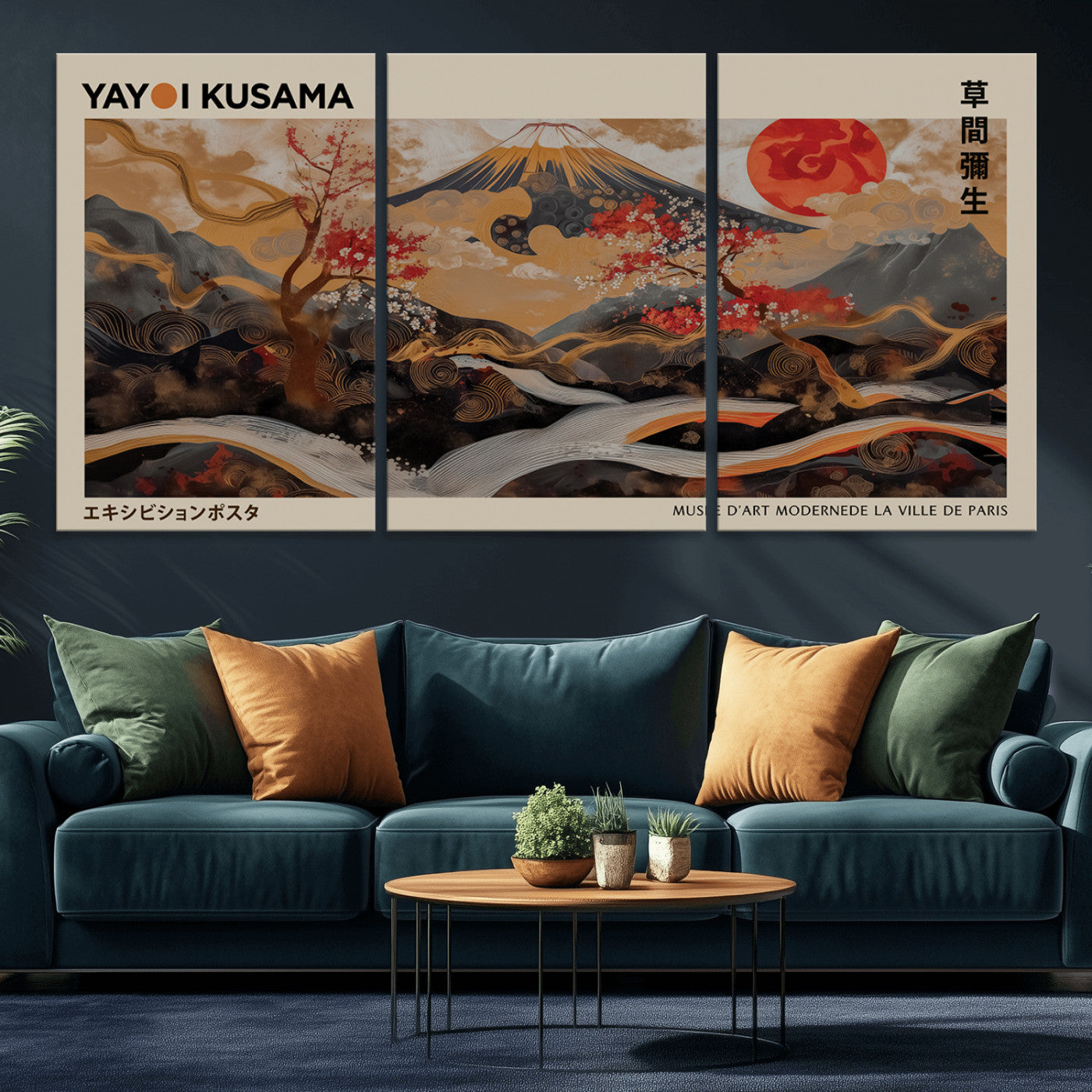 MGV-CV-60X30-3P - Modern Japanese Wall Art Print Yayoi Kusama Canvas Wall Art Abstract Mount Fuji Canvas Print