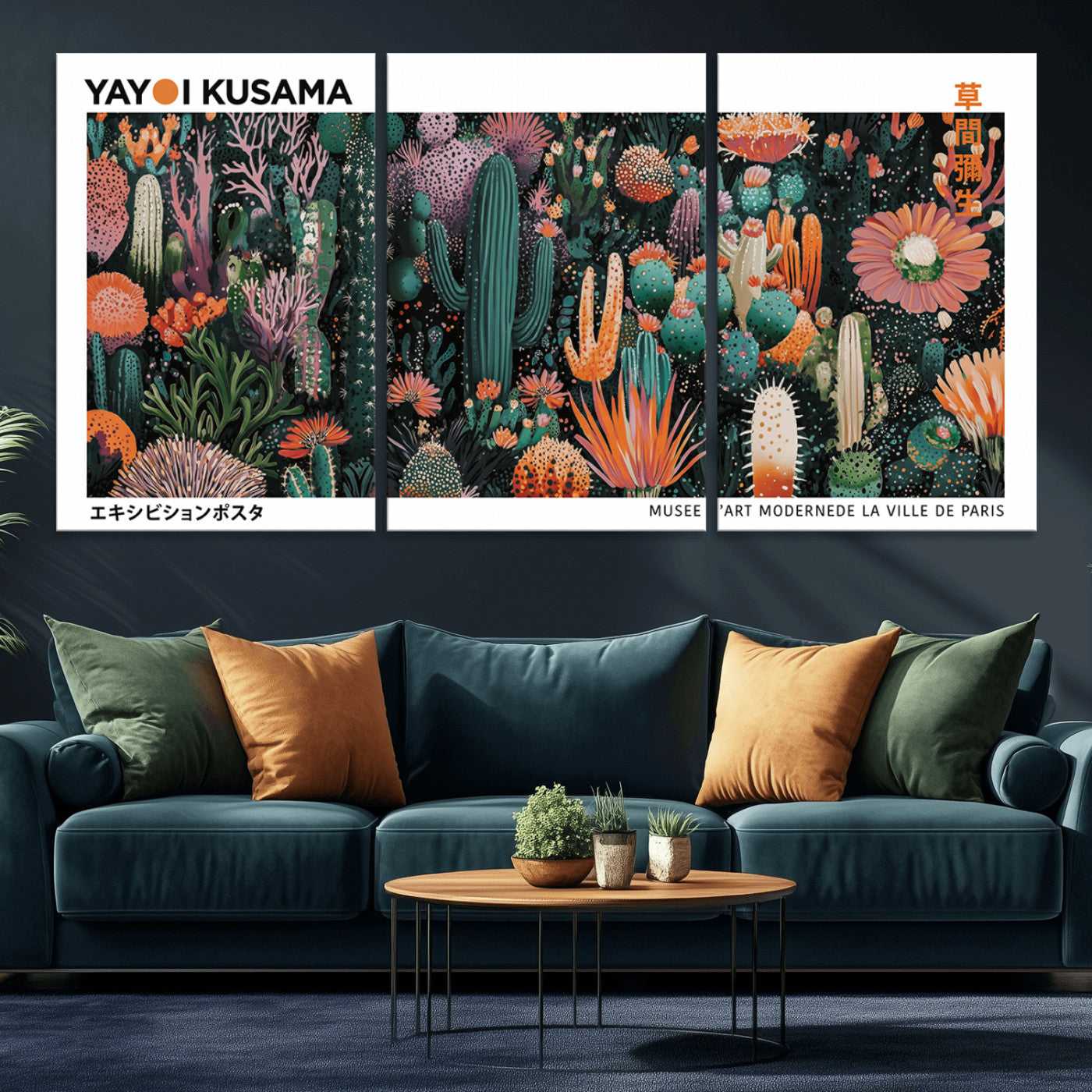 MGV-CV-60X30-3P - Modern Japanese Wall Art Print, Yayoi Kusama Print Wall Decor, Abstract Mount Fuji Canvas Print,