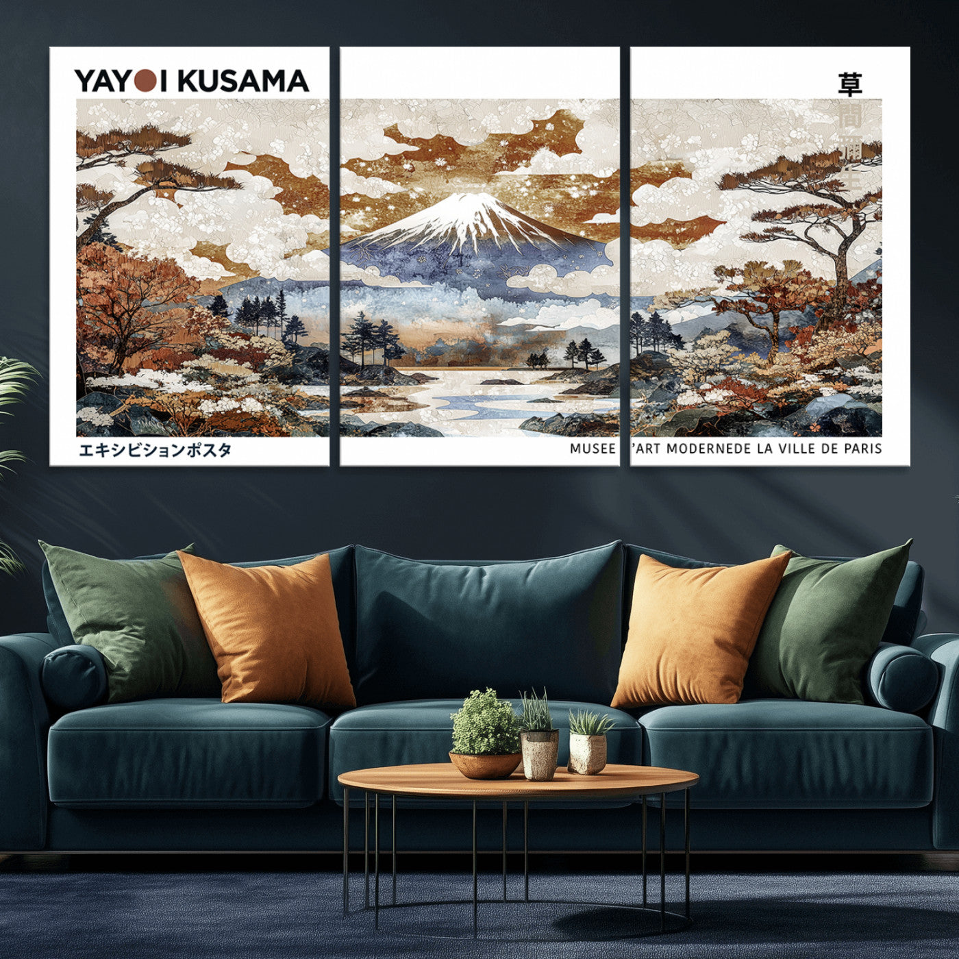 MGV-CV-60X30-3P - Modern Japanese Wall Art Print Yayoi Kusama Canvas Wall Art Abstract Mount Fuji Canvas Print