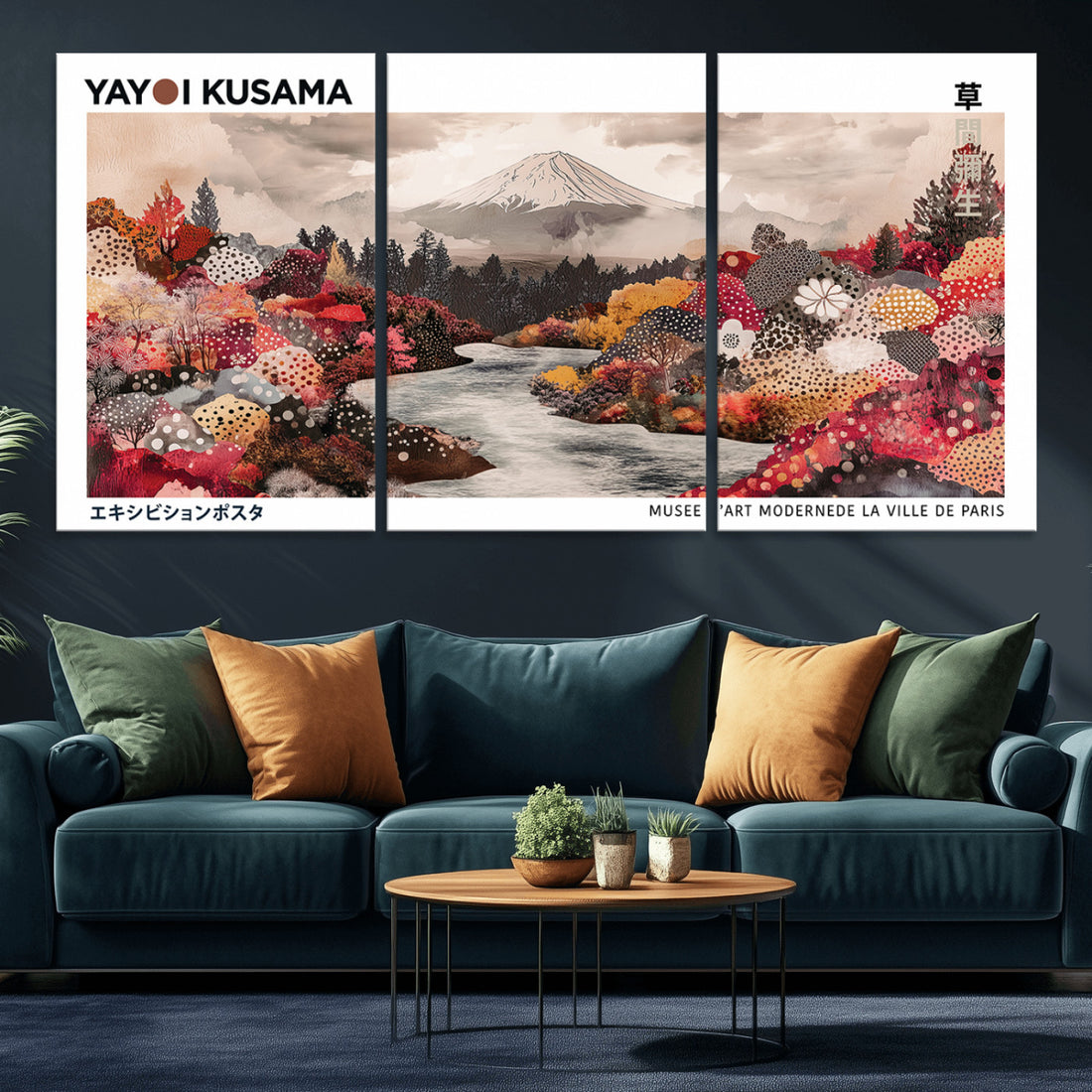 Modern Japanese Wall Art Canvas Print, Framed Abstract Mount Fuji Art, Yayoi Kusama Japanese Landscape