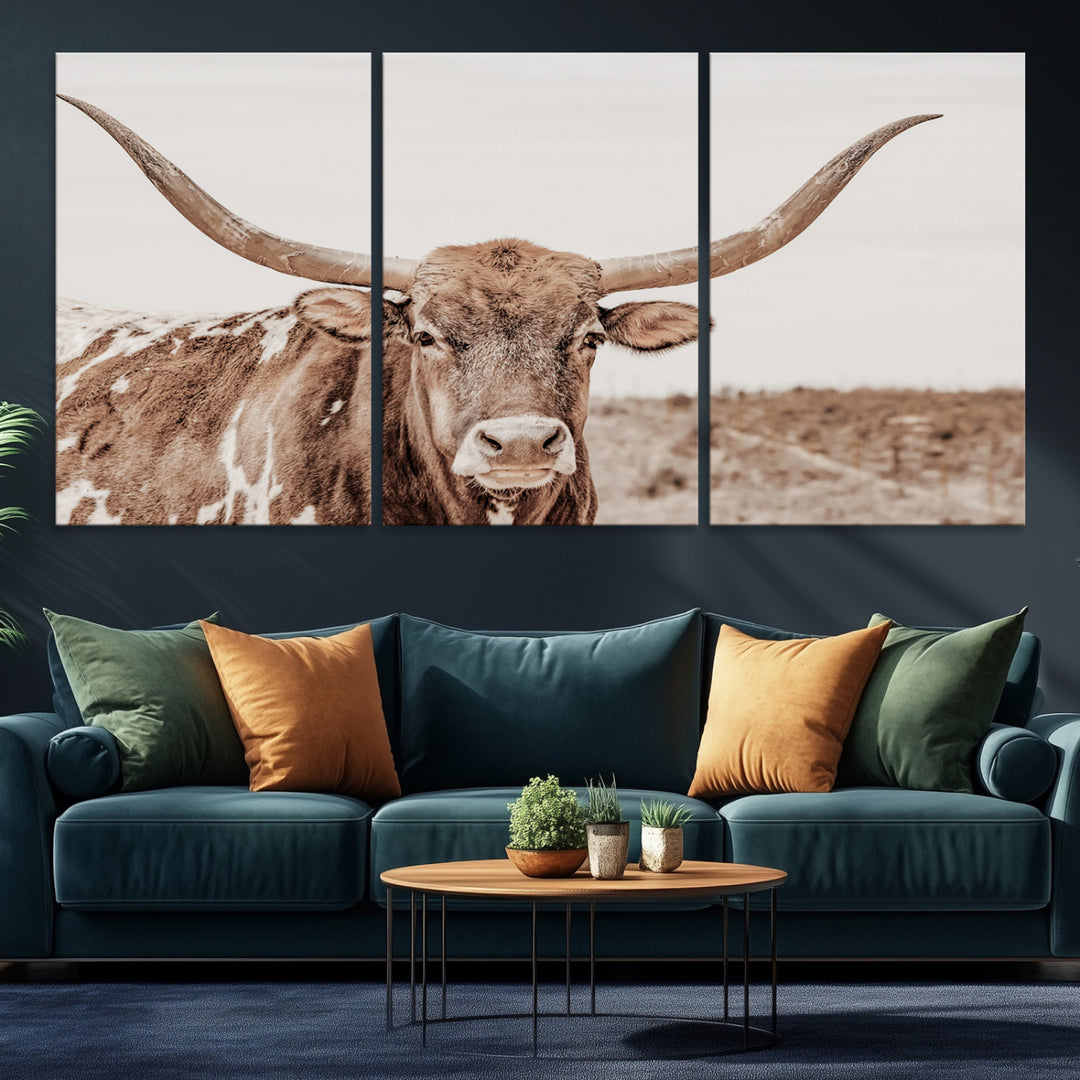 Longhorn Bull Photo Wall Art Canvas Print, Framed Rustic Cow Art Picture Print, Neutral Farmhouse Perfect Rustic Neutral Farmhouse Decor