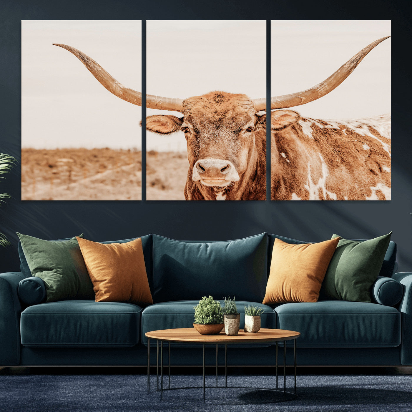 MGV-CV-60X30-3P - Longhorn Bull Wall Art Canvas Print, Framed Western Cow Art Picture Print, Rustic Farmhouse Perfect Neutral Farmhouse Decor Artwork