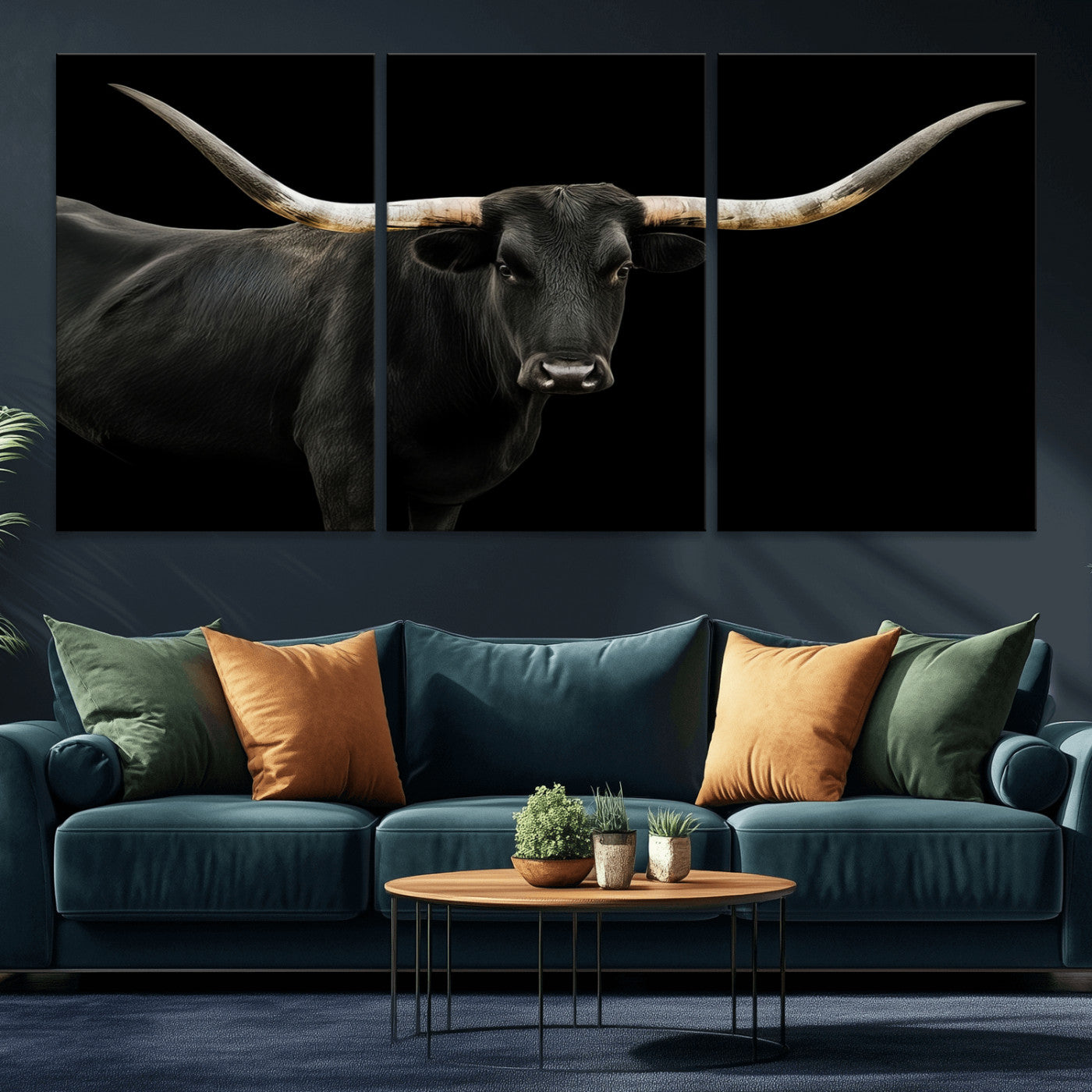 MGV-CV-60X30-3P - Texas Longhorn Wall Art Canvas Print, Framed Rustic Western Art Picture Print, Farmhouse Animal Perfect Modern Western Minimalist Decor Artwork